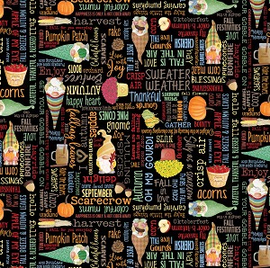 Falling for Gnomes 14240 12 Black Happy Fall Words Benartex 