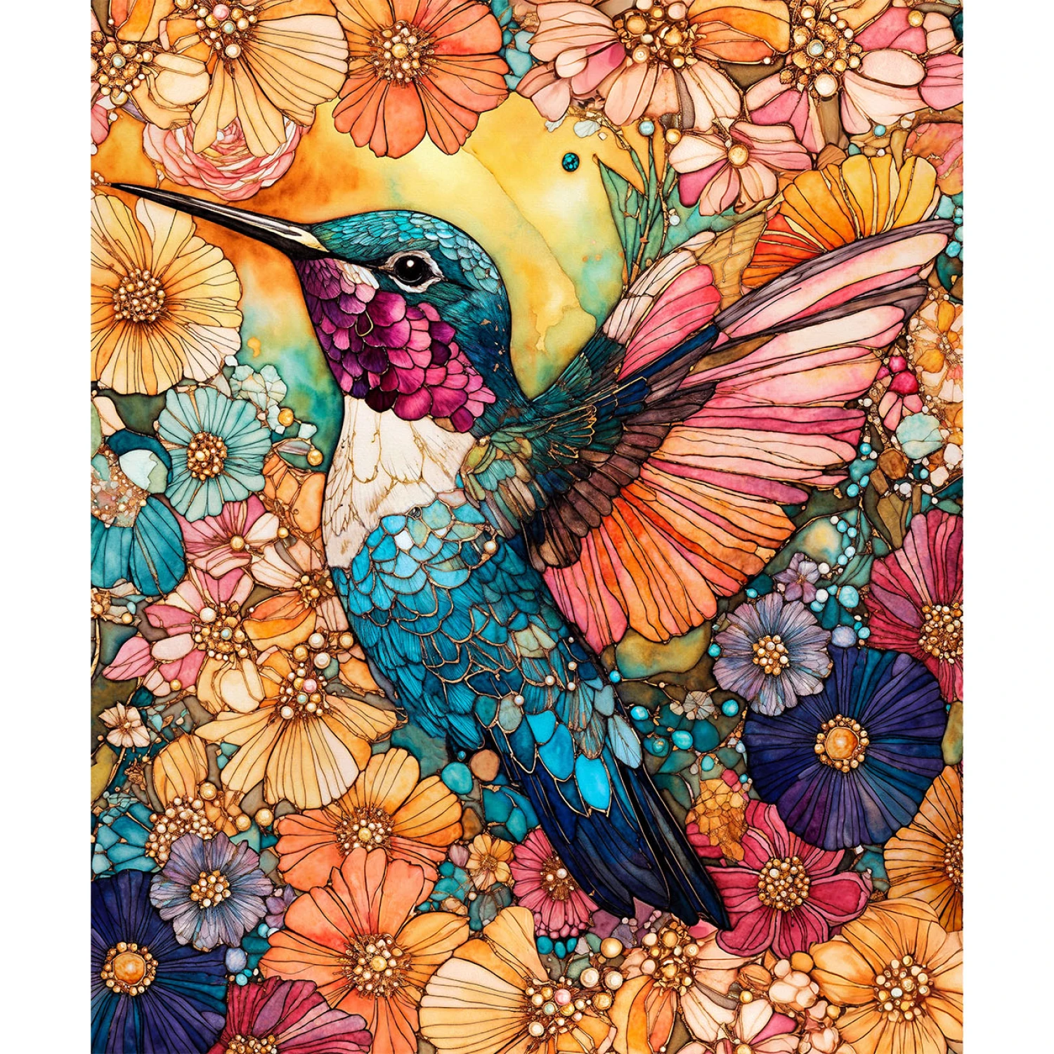 Stained Glass Digital Panel 16240407 Hummingbird Camelot 