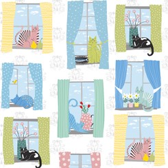 Whiskers Cats in Windows 28020 Z White Quilting Treasures 