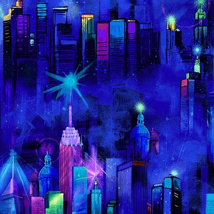 Night C7305 Blue Electric Skylines, Chong A Hwang by Timeless Treasures 
