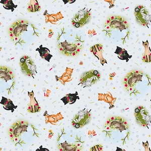 Pretty Cats in Garden CD1586 Sky Timeless Treasures 