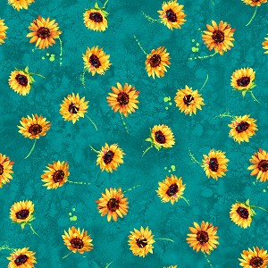 Tossed Small Sunflowers CD3304 Teal Timeless Treasures 
