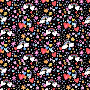Playtime Flannel Prints F10451 J Black Hearts and Rainbows Maywood Studio 