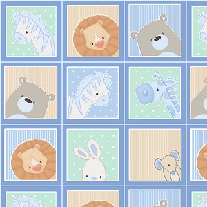 Little Peepers Flannel F9720 11 Blue Small Blocks Animals Henry Glass 