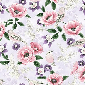 Fly Freely Digital Metallic T7760 30S Lilac Silver Songbirds Hoffman 