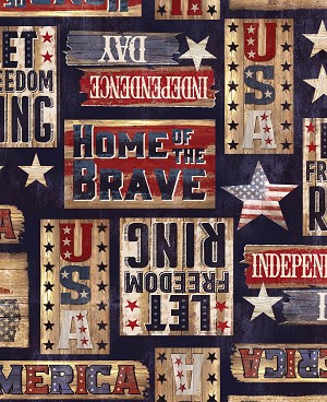 Timeless Treasures C7996 Navy Patriotic Signs 