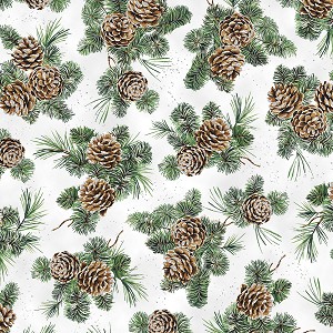 Cozy Cottage V5192 307S Silver Metallic Snow Pinecones Hoffman 