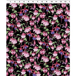 Fuchsias and Hummingbirds Y2355 3 Black, Clothworks 